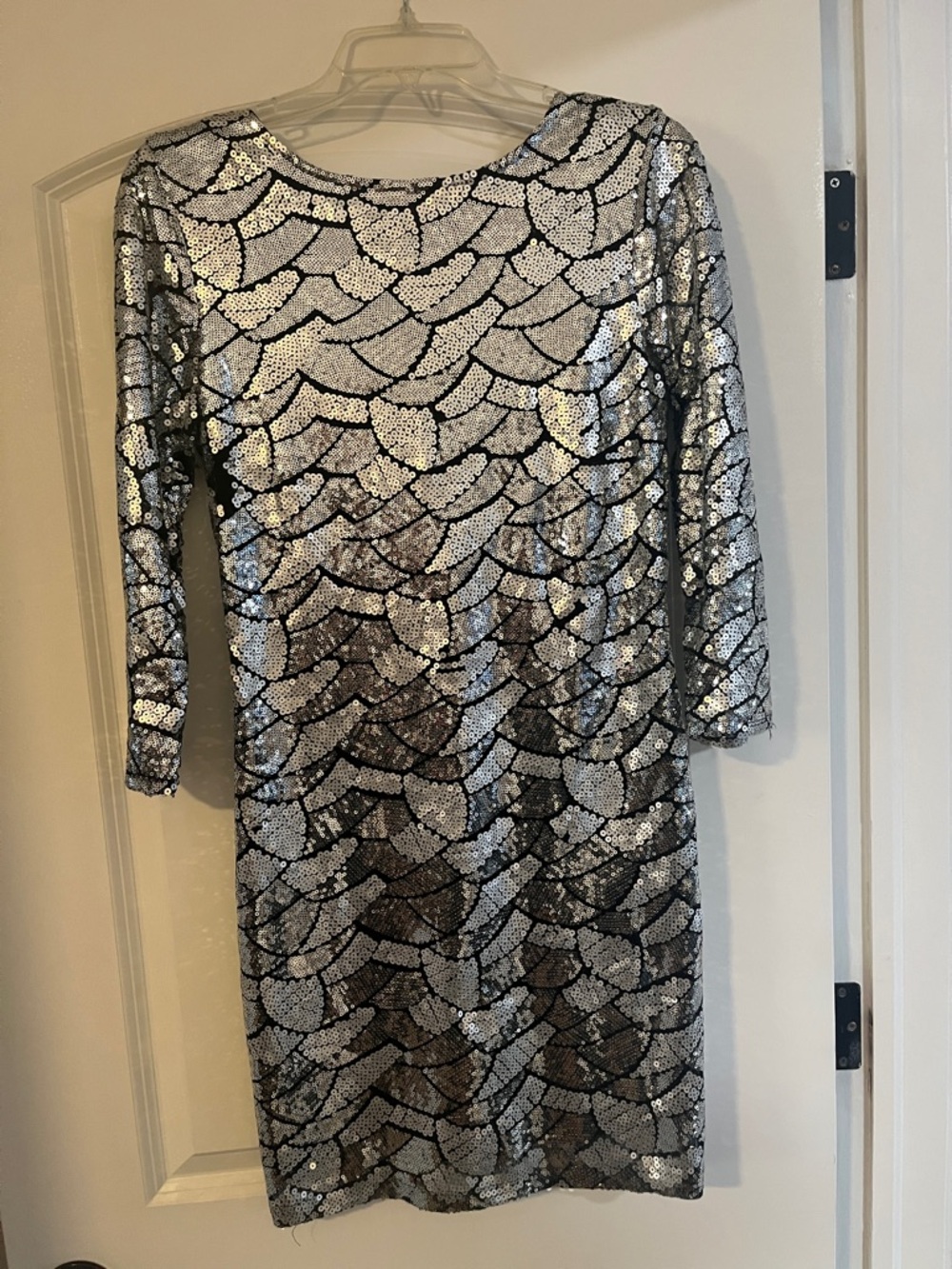 Silver Sequin Sheath Dress with Black Pattern
